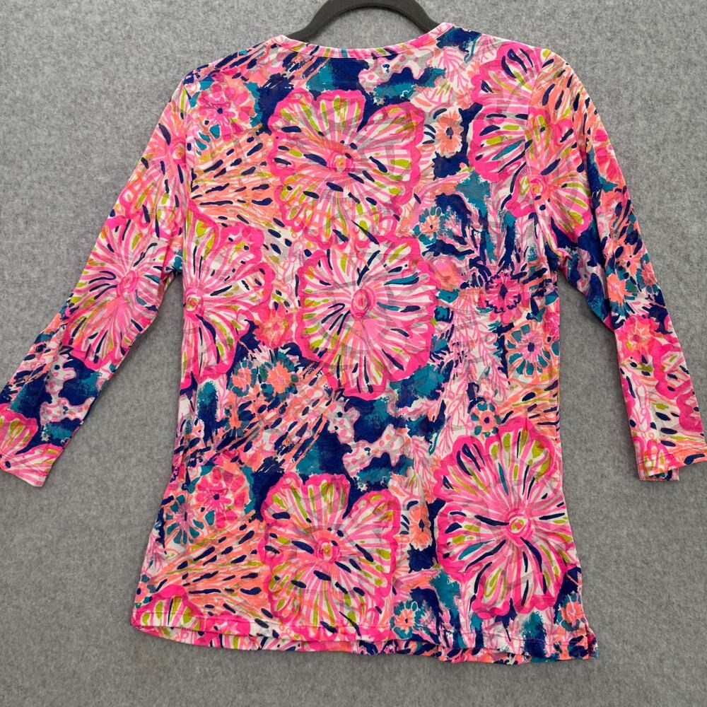 Lulu B Tropical Floral V-Neck T-Shirt Sz S Pink Blue Coastal Beach Cotton Bright - Picture 2 of 7